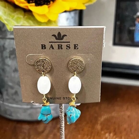 NWT Barse Genuine Stones Pearl & Magnesite Blue, White & Gold Post Earrings #BJ2 - Picture 4 of 4